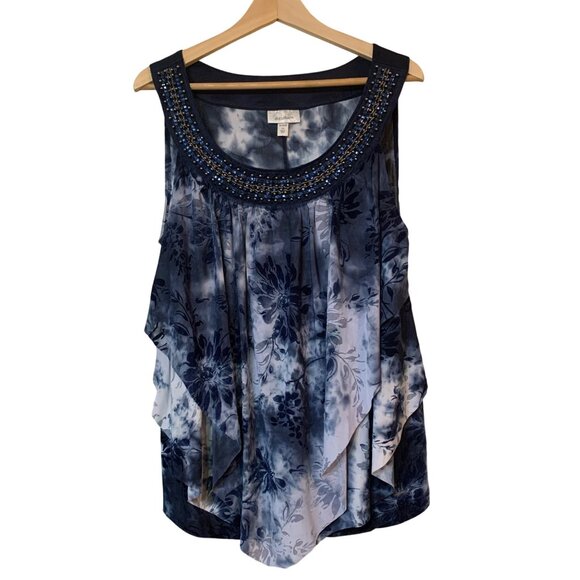 Dressbarn Women’s Top Blue Velvet Tie-Dye Burnout Sleeveless 1XL Beaded Neckline - Picture 1 of 13